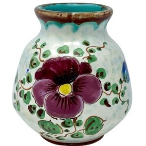 Vintage Gouda Holland Vase Floral Matte Glaze Pansy Purple Blue Flowers
